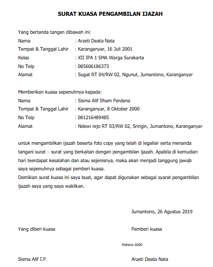 Contoh Surat Kuasa Pengambilan Ijazah