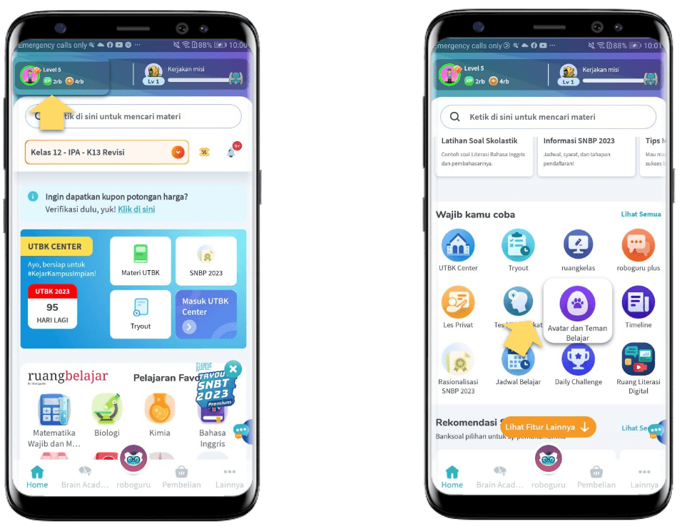 Screenshot menu Avatar dan Teman Belajar