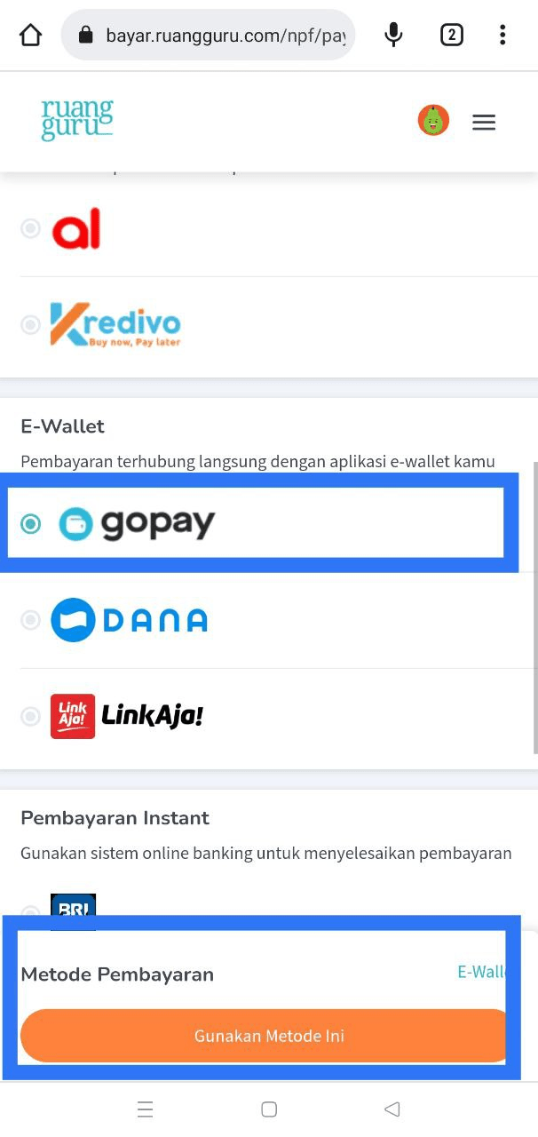 Pilihan metode pembayaran GoPay