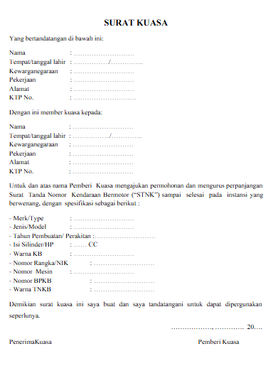 Contoh Surat Kuasa Perpanjangan STNK 