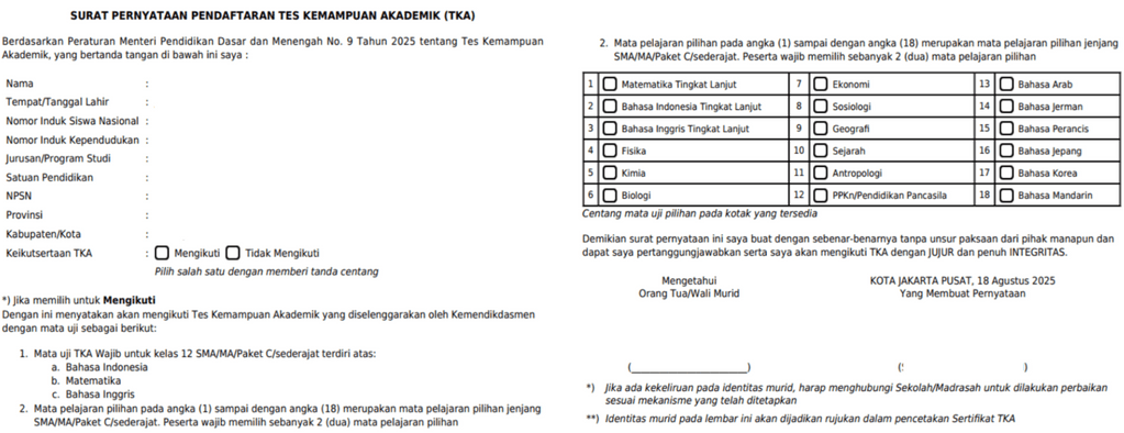 contoh surat pernyataan keikutsertaan TKA