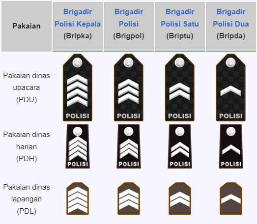 Pangkat polisi Bripka, Brigpol, Briptu, Bripda