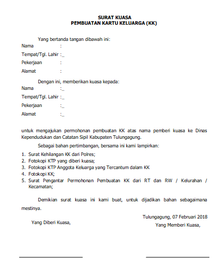 Contoh Surat Kuasa Pembuatan KTP & KK