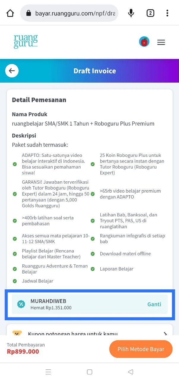 Draft invoice dengan kode diskon