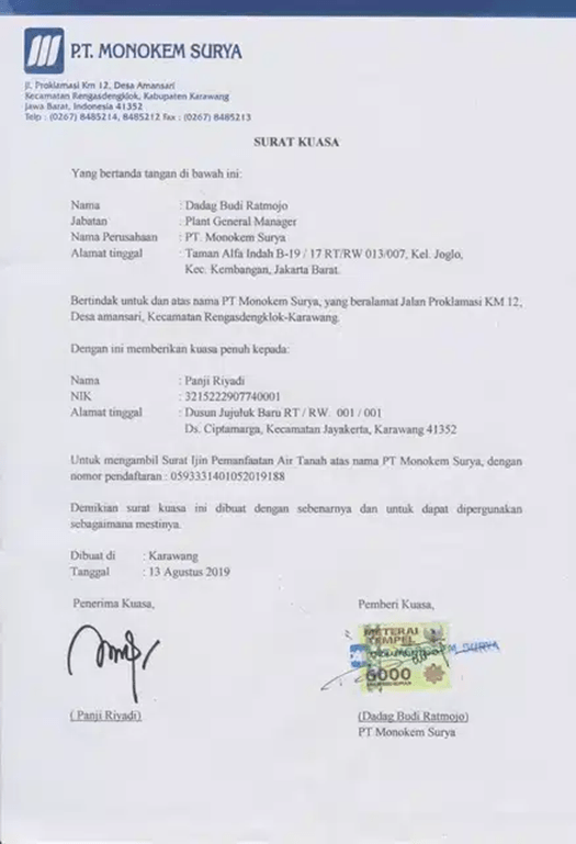 Contoh Surat Kuasa Bermaterai