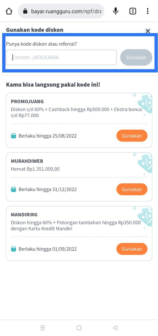 Penggunaan kode diskon