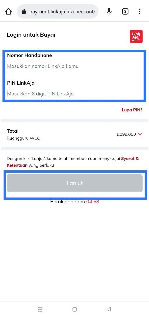 Masukkan nomor telepon dan PIN LinkAja