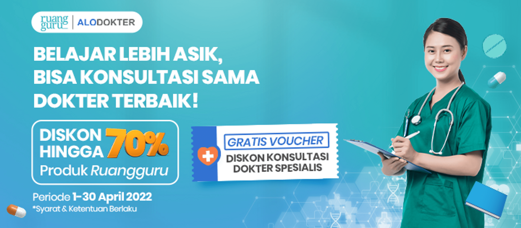 Belajar dengan Ruangguru dapatkan konsultasi gratis bersama Alodokter